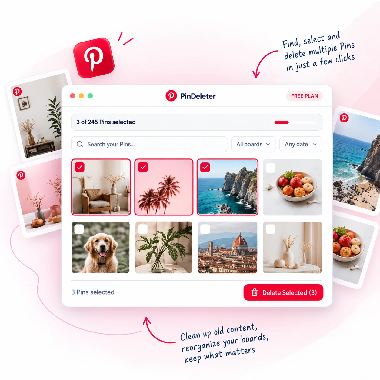 PinDeleter dashboard showing multiple selected Pinterest Pins ready for bulk deletion.